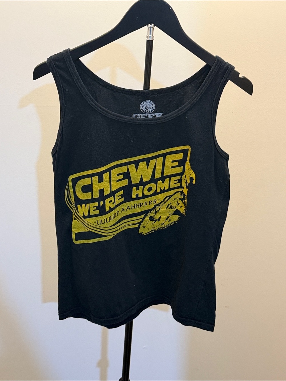 Black 'Chewie We're Home' Graphic Tank Top